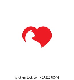 Cat's silhouette in red heart. veterinary logo. Pet's shop. Animal protection, care concept. icon isolated on white. Vector flat illustration. 