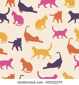 Cats silhouette seamless pattern colorful background