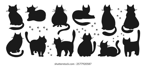 Cats silhouette set. Cute hand drawn childish kitten figure. Modern funny pet animal shape design for kids. Contour figure cats in different poses. Mammal drawing character vector illustration