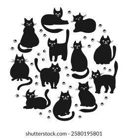 Cats silhouette set. Cute hand drawn childish kitten shape. Modern funny pet animal poster art design for kids. Contour figure cats in different poses. Mammal drawing character vector illustration