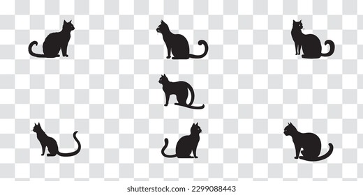 Cats silhouette set vector. Black cats vector isolated on transparent background.