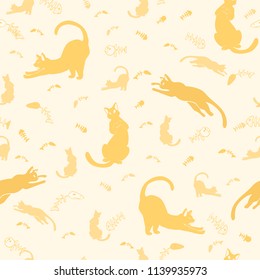 Cats Silhouette Vector Pattern, Hand Drawn Seamless Cat Fish Bones Illustration for Trendy Fashion Prints, Animal Stationery, Party Decor, Gift Wrap and Feline Costumes , Textured Yellow Tone on Tone