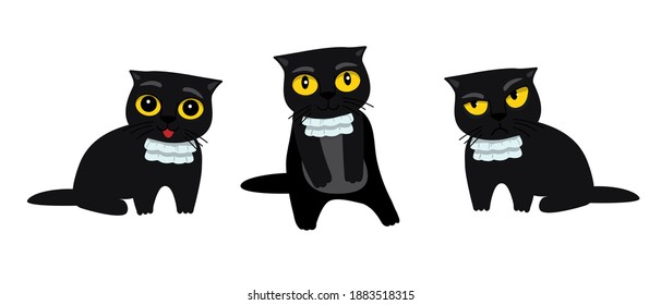 Cats silhouette vector set black cat in a jabot. Cute kitten with different emotions. Angry, skeptical, happy. Funny cat breaking things comic illustration, cartoon vector drawing.