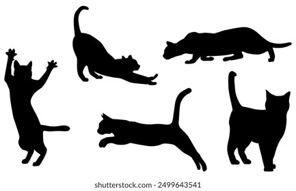 Cats Silhouettes, Collection, Black, Pose, Isolated, Jump, Stand, Run, Sit, Animal, Pet, Pussycat, Action, Vector Illustration	