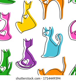 Cats silhouettes colored vector seamless pattern on white background