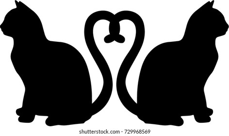 Cats silhouettes in love with heart shaped tails isolated on white background. Vector illustration, icon, clip art. 