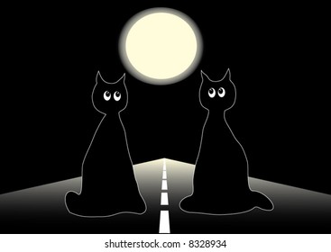 cats silhouettes on night road