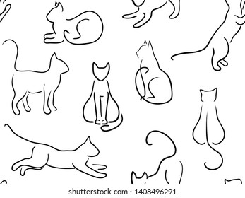 Cats silhouettes on white background, line art. Seamless pattern