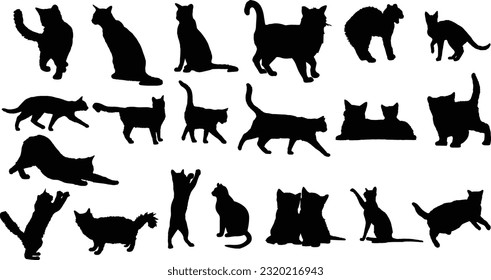 cats silhouettes set, Black Cat shapes isolated on white background, Kitty Kitten Vectors,  Stock vector set 