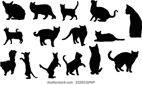 cats silhouettes set, Black Cat shapes isolated on white background, Kitty Kitten Vectors,  Stock vector set 