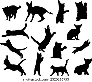 cats silhouettes set, Black Cat shapes isolated on white background, Kitty Kitten Vectors,  Stock vector set 