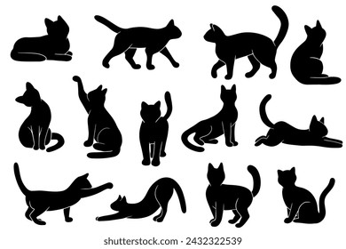 Gatos siluetas conjunto. Gatos en diferentes poses. Ilustración vectorial EPS10