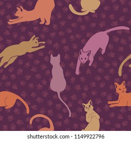 Cats Silhouettes Vector Pattern, Hand Drawn Seamless Kitties Paw Print Illustration for Trendy Fashion Fabrics, Animal Stationery, Feline Friends Gift Wrapping, Wallpaper, Purple Pet Store Backdrops 