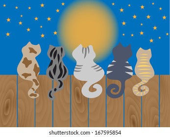 Cats sit on a fence. Vector illustration.
