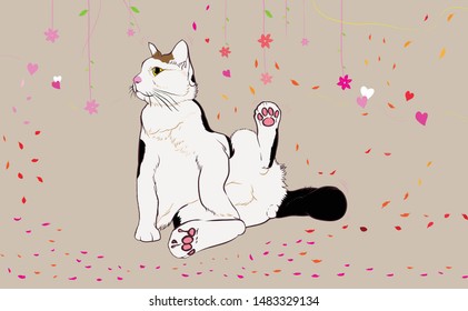 Cats sit on the floor with Pink heart, cute long-haired big eyes. Sitting looking at something. Looks very relaxed. vector art for designer, graphics design, printing, advertising, Printed on fabric.