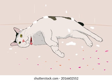 Cats sit on the floor with snow, Sitting looking at something. Looks very relaxed. vector art for designer, graphics design, printing, advertising, Printed on fabric.