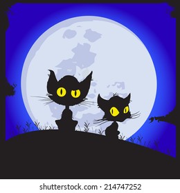 Cats sit on a glade. Behind the moon shines. Night.