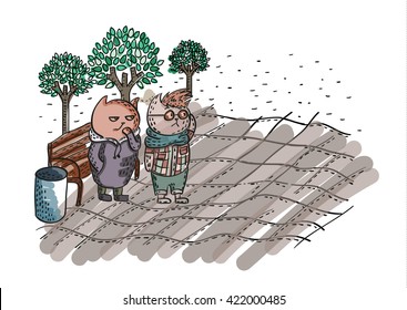 cats sit in the park and watching with interest. bench in the park, trash and trees