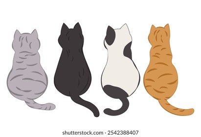 Cats sitting back view, vector illustration isolated on white background, simple drawing style.