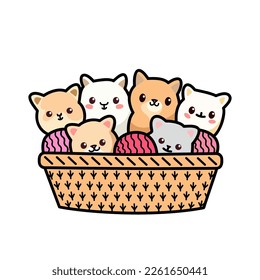 Cats sitting in a basket with yarn balls - hand drawn vector illustration in kawaii style. Flat color design.