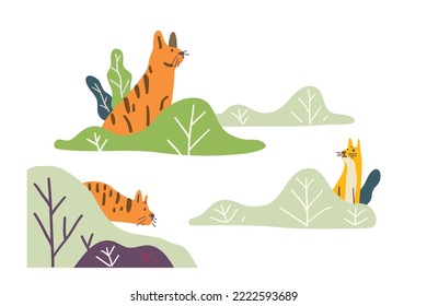 Cats Sitting Behind Bushes Vector Illustration