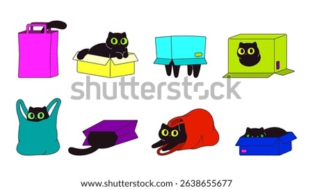 Cats sitting in different boxes and shopping bags. Funny cartoon black cat play with plastic bag. Kitten peeking from cardboard box, vector animals