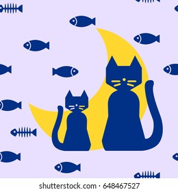 Cats sitting in front of Moon Seamless Pattern