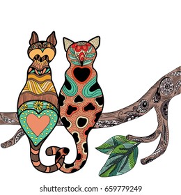 Cats are sitting on a branch. Dudling zentangl.