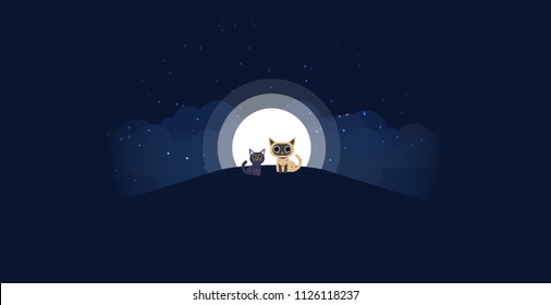 Cats sitting on a hill background of the moonlight. All in a single layer. Vector illustration. Black and cream cat on hilltop with moon in a starry night in the background