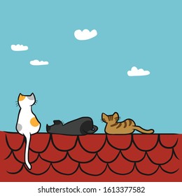 Cats sitting on a red roof, cartoon vector illustration