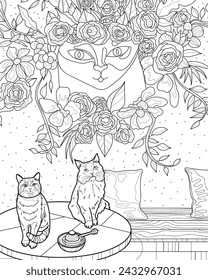 Cats are sitting on the table. Cat cafe. Coloring page, black and white vector illustration.