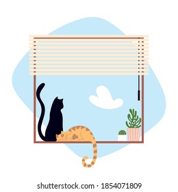 cats sitting on window with blinds and potted plant vector illustration