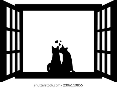 Cats sitting on window and kissing silhouette, print , decorative sticker