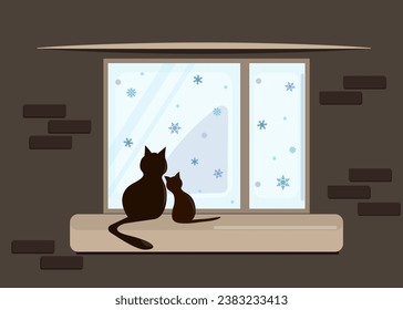 Los gatos están sentados en la ventana mirando por la ventana a la nevada de afuera. Vista trasera desde la habitación. Estilo plano. Dibujo de vectores