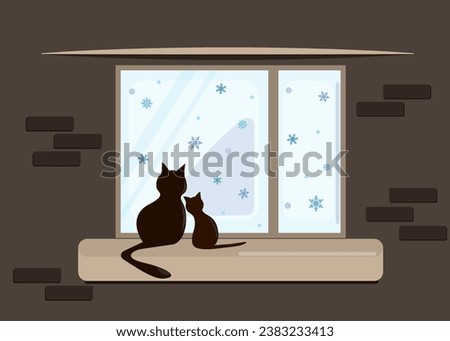 The cats are sitting on the windowsill looking out the window at the snowfall outside. Rear view from the room. Flat style. Vector drawing