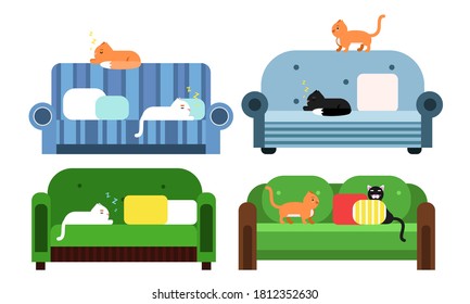 Cats Sitting and Sleeping on Soft Sofas Vector Set