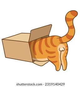 Cats sitting, sleeping and playing in cardboard box. Funny hiding kittens. Adopt homeless pet, vector art. Illustration animal kitten in box, feline cat pet.