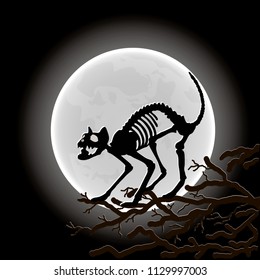 Cat's skeleton on the tree in the Moon light. Vector illustration.