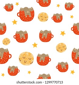 cats sleep in cups vector pattern, print