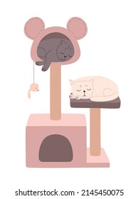 Cats sleep in a luxury cat tower. A cat tree with a scratching post, a toy and a house where the British kittens sleep. Pink animal house . Flat vector illustration of pet furniture isolated.