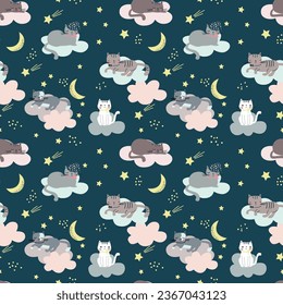 Cats Sleeping In The Clouds Seamless Vector Pattern Design