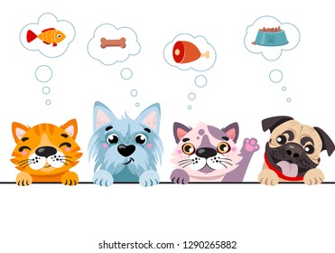 Cats and small dogs border set. Funny dog and cute cat best friends. Happy friendship day. Vector illustration isolated on white background