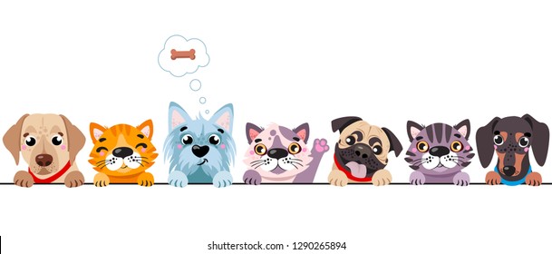 Cats and small dogs border set. Funny dog and cute cat best friends. Happy friendship day. Vector illustration isolated on white background