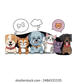 Cats and small dogs border set. Funny dog and cute cat best friends. Happy friendship day. Vector illustration isolated on white background