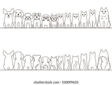 cats and small dogs border set, front view and rear view, line art