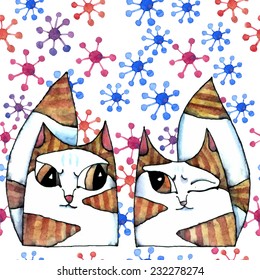 Cats in the snow. Watercolor illustration in vector format