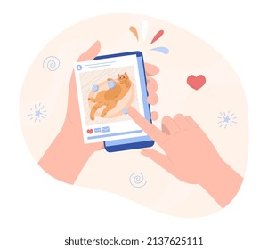 Cats in social media. Photos of pets, happy owner. Approval metaphor, likes and feedback, reviews. Putting likes and commenting posts, person use smartphone. Cartoon flat vector illustration