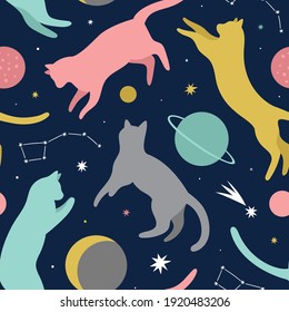 Cats space background. Cosmic seamless vector pattern with cats floating in space