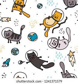 Cats in space seamless pattern. Doodle hand drawn scandinavian childish background. Stock vector