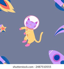 Cats in spacesuits explore an alien planet, their rocket nearby. These feline astronauts create a playful and whimsical scene against a starry backdrop, bringing earthly charm to the cosmic frontier.